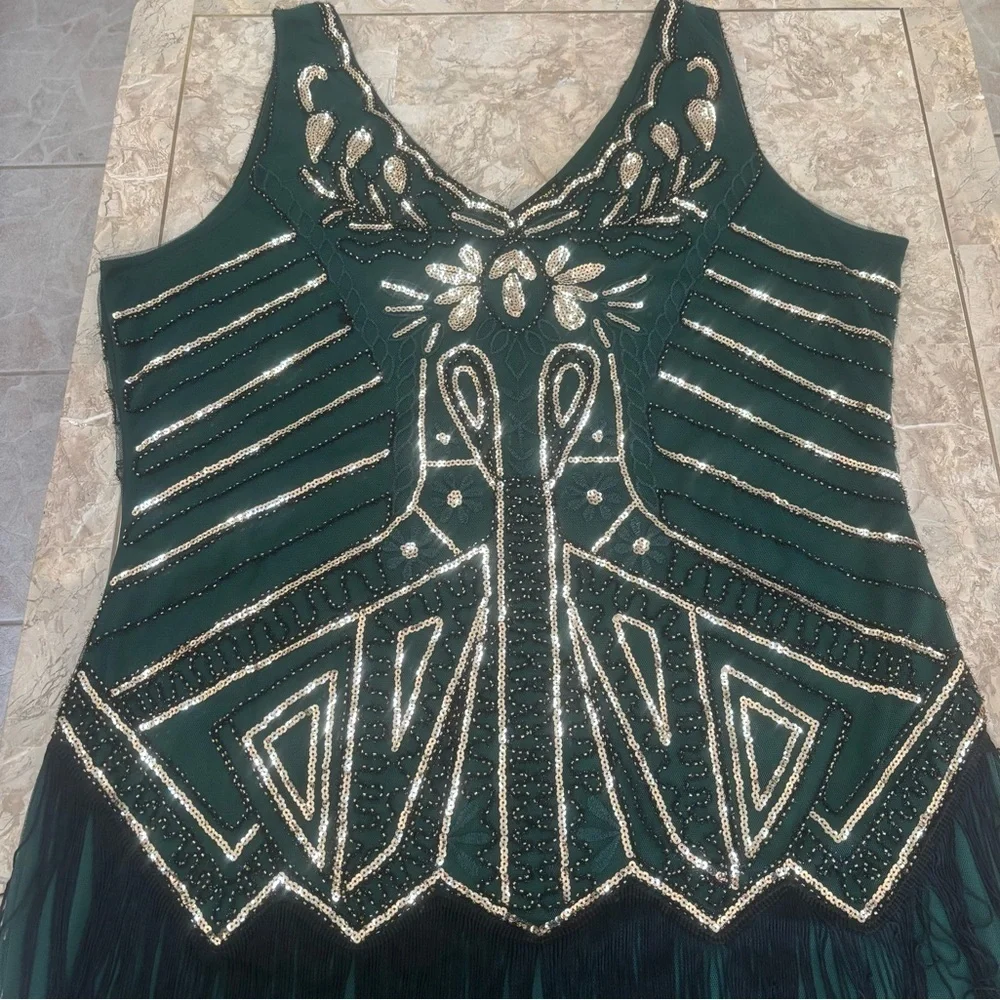 NWT BABEYOND Emerald & Gold Sequin Flapper Holiday Party Dress 3X-5XL Fringe - Picture 7 of 16